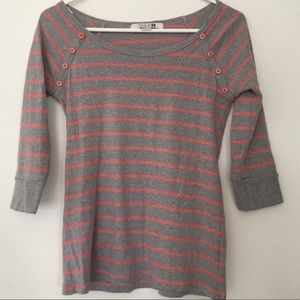 Salmon and Gray Striped Blouse with Button Accent